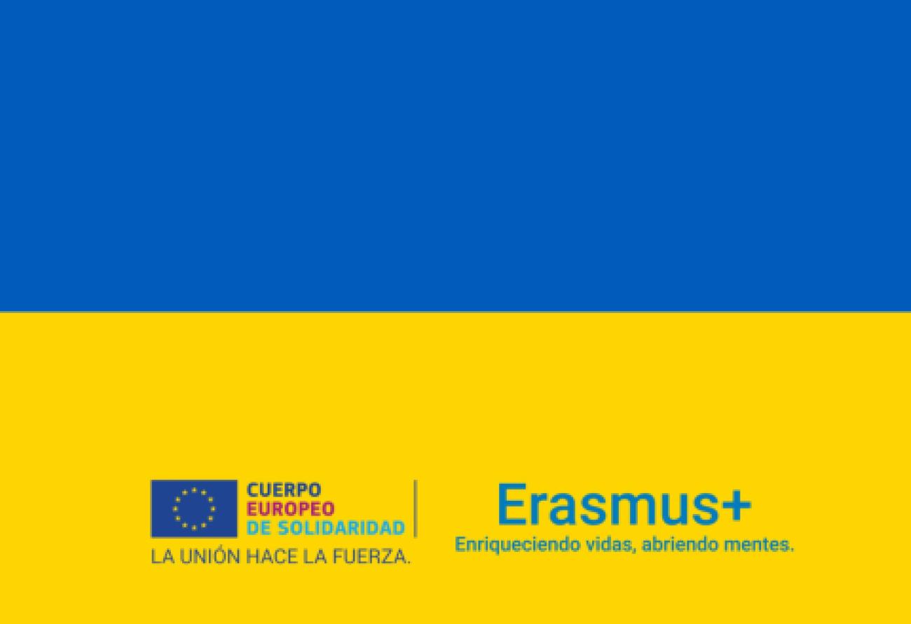 Colores de la bandera ucraniana con logos de Erasmus y CES